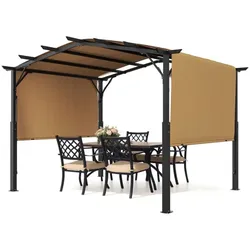 Outdoor pergola with a metal frame and brown canopy, featuring an outdoor dining set with six cushioned chairs and a table, decorated with flowers.
