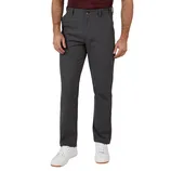 Dark gray trousers paired with a maroon shirt and white sneakers.