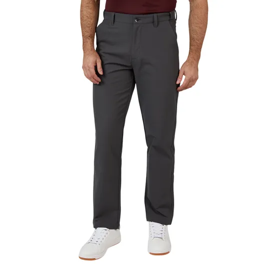 Dark gray trousers paired with a maroon shirt and white sneakers.