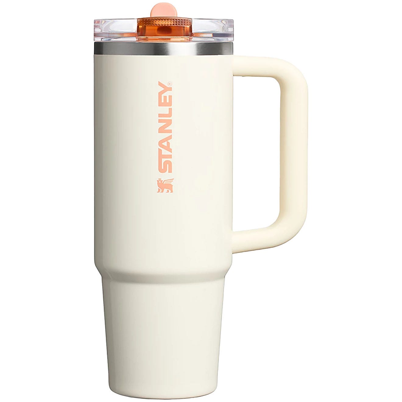 Stanley travel mug with a handle, featuring a cream color and an orange lid.