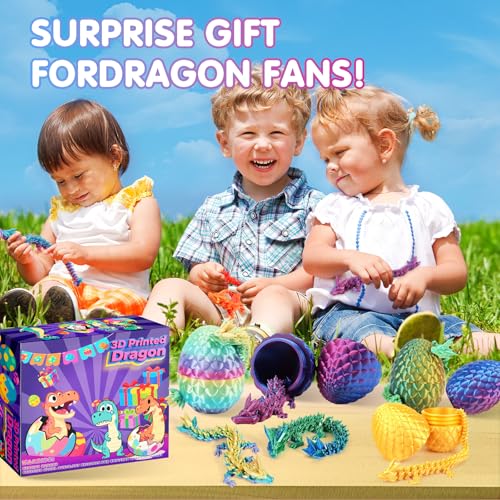 Children playing with colorful, dragon-themed surprise eggs containing small toys. A box labeled \“3D Printed Dragon\“ is included, showing illustrations of dragons and festive decorations.