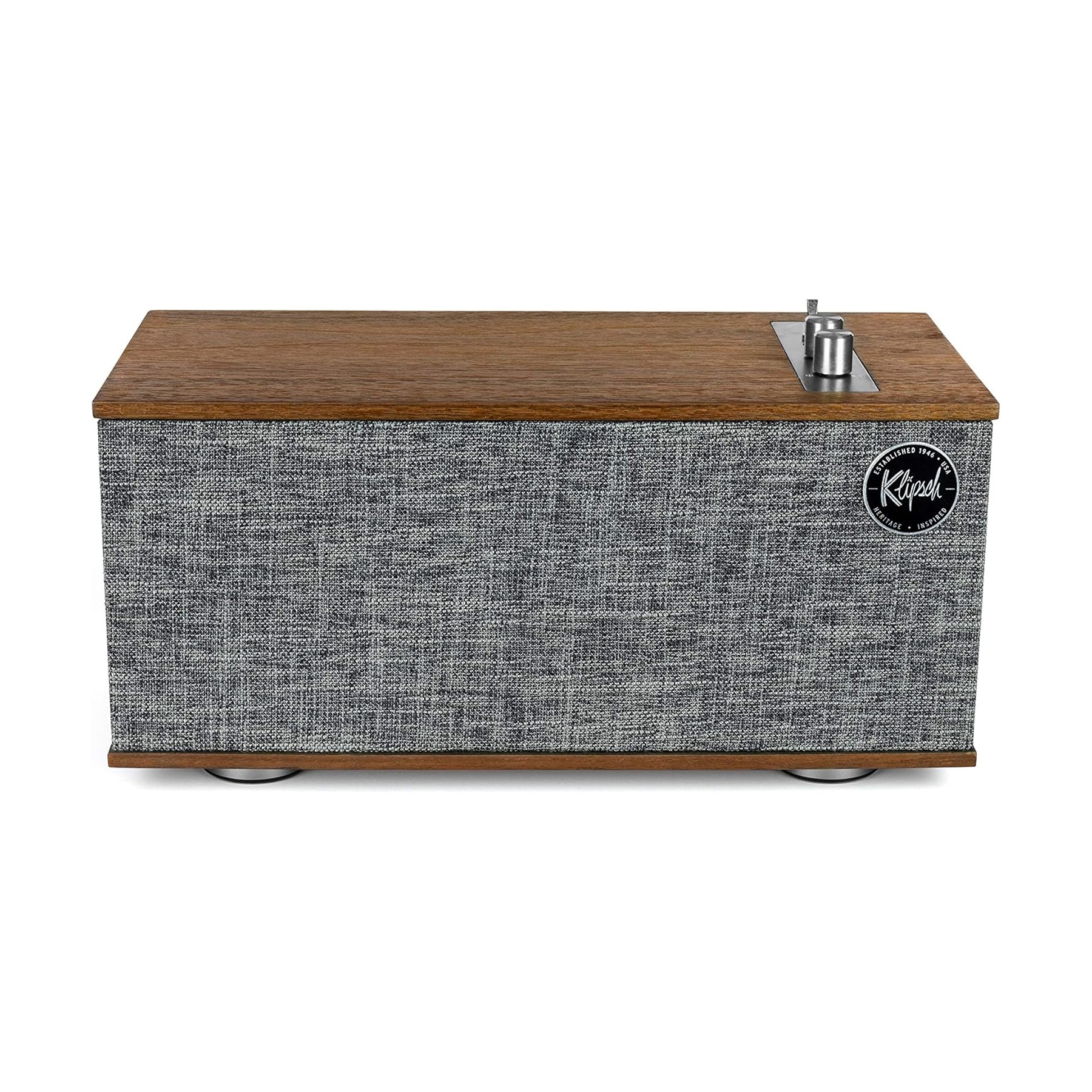 This is a rectangular Klipsch Bluetooth stereo system with a tweed fabric front, a wooden top, and silver feet; it includes a side-mounted control knob.