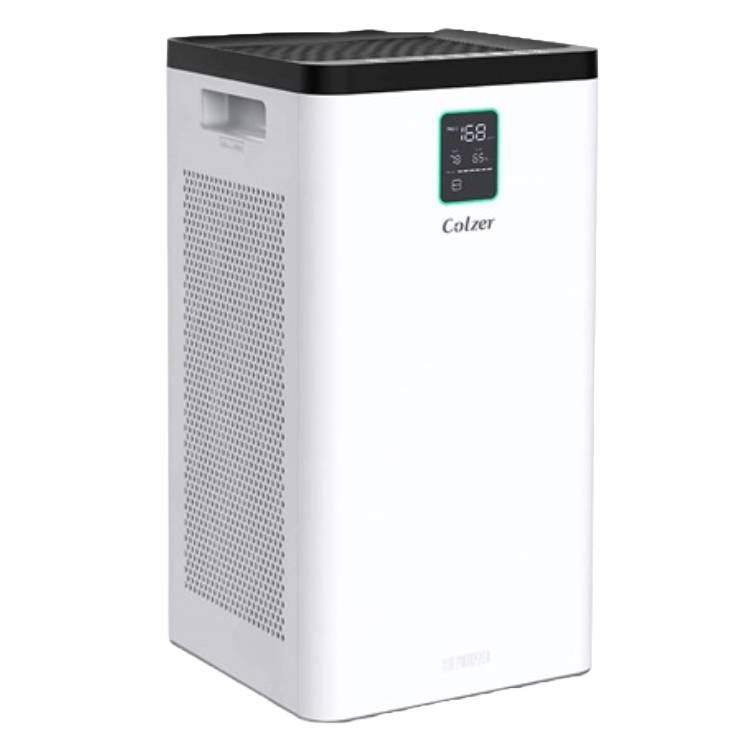 A white Colzer air purifier with a digital display on the front and a sleek design, featuring side ventilation.