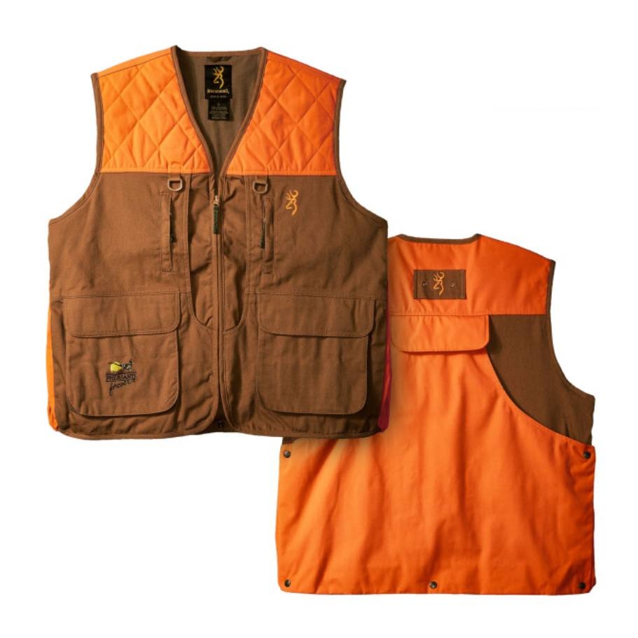 Two reversible hunting vests, one displayed brown with orange lining and the other shown with its orange exterior and brown shoulder panel.