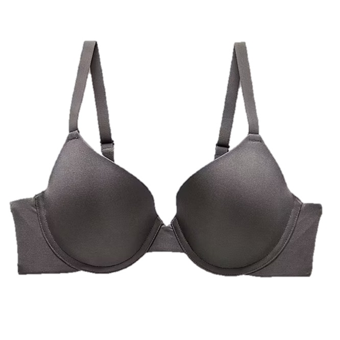 A gray padded bra with adjustable straps and underwire support.
