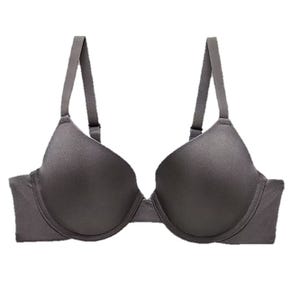 A gray padded bra with adjustable straps and underwire support.