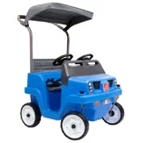 A blue push car styled as a mini vehicle with two steering wheels, a canopy for shade, and seatbelts for safety.