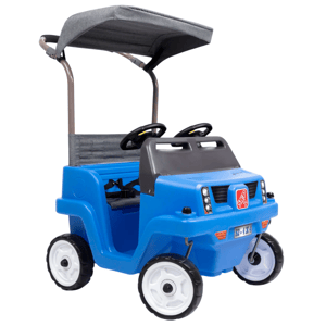A blue push car styled as a mini vehicle with two steering wheels, a canopy for shade, and seatbelts for safety.