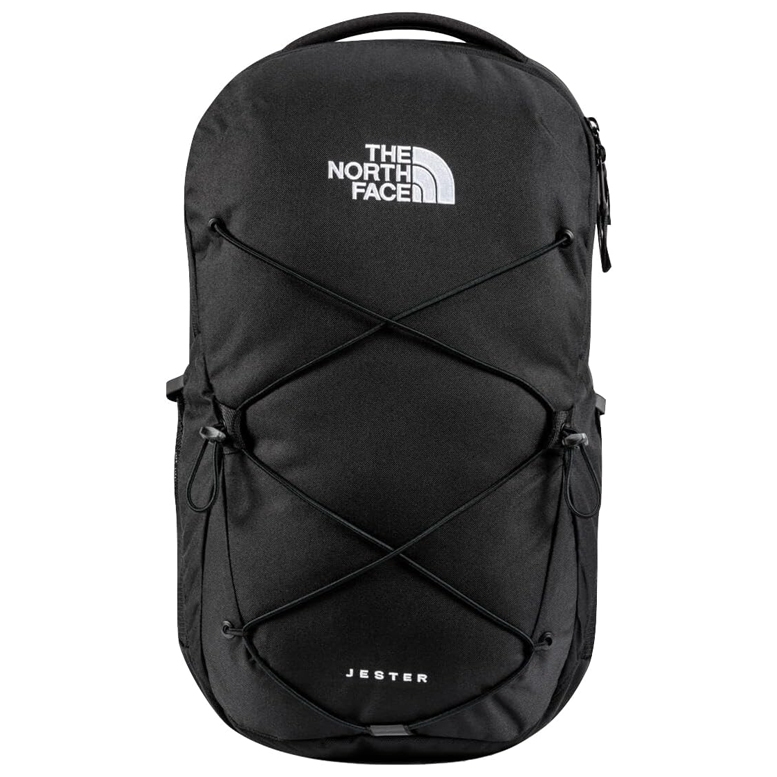 The North Face Men's Jester Backpack is a black backpack featuring the brand's logo on the upper front, bungee cord system on the front, and the word \“Jester\“ at the bottom. It has a streamlined, minimalist design with functional compartments.