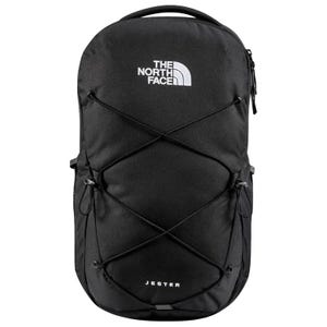 The North Face Men's Jester Backpack is a black backpack featuring the brand's logo on the upper front, bungee cord system on the front, and the word \“Jester\“ at the bottom. It has a streamlined, minimalist design with functional compartments.