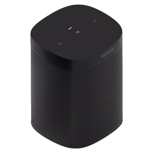 A black Sonos One smart speaker with touch controls on top, featuring a sleek, minimalist design.