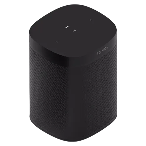 A black Sonos One smart speaker with touch controls on top, featuring a sleek, minimalist design.