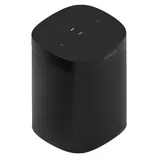 A black Sonos One smart speaker with touch controls on top, featuring a sleek, minimalist design.