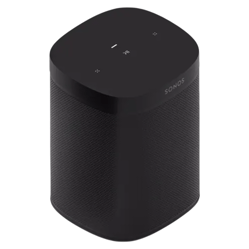 A black Sonos One smart speaker with touch controls on top, featuring a sleek, minimalist design.