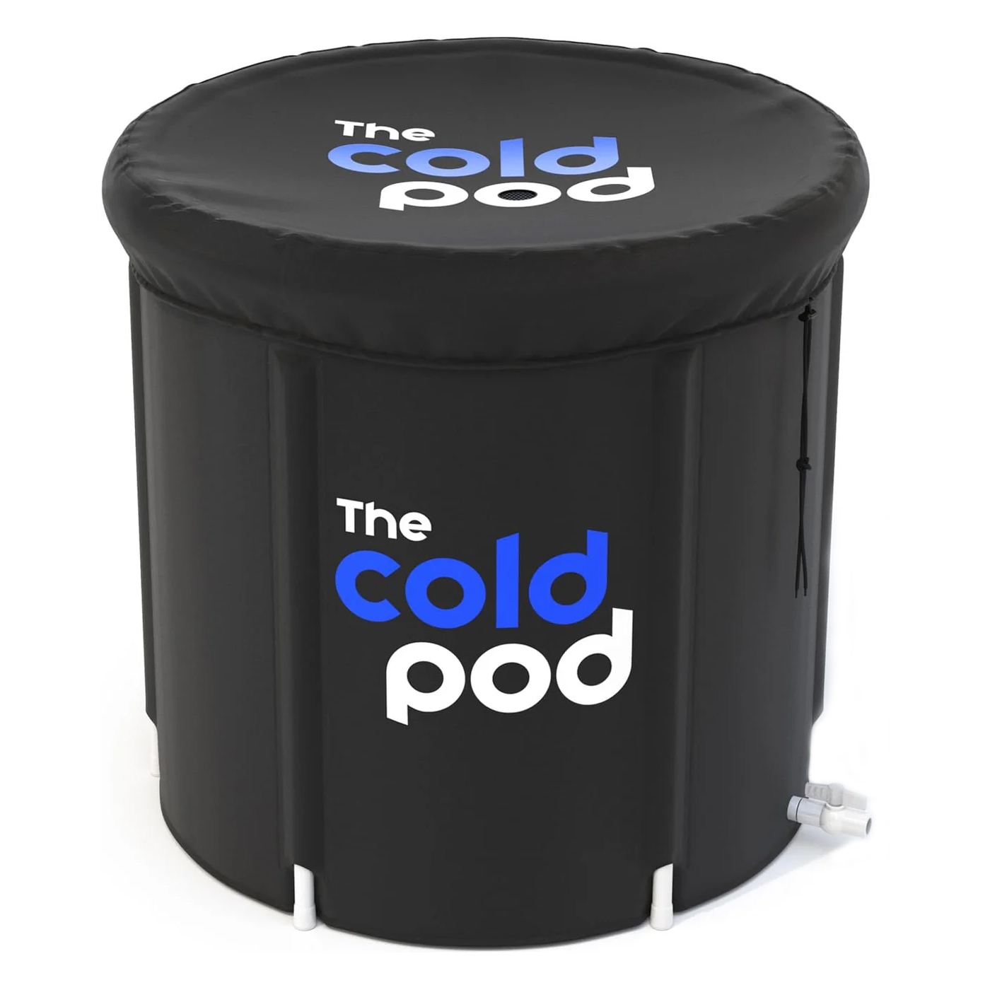 The 88-Gallon Cold Pod Ice Bath Tub is a black, cylindrical tub designed for ice baths, featuring \“The Cold Pod\“ logo on the side and a cover with a drawstring. It includes a drainage valve near the bottom.