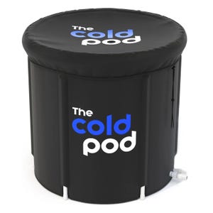 The 88-Gallon Cold Pod Ice Bath Tub is a black, cylindrical tub designed for ice baths, featuring \“The Cold Pod\“ logo on the side and a cover with a drawstring. It includes a drainage valve near the bottom.