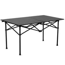 A black folding camping table with a slatted top and sturdy X-frame legs for support.