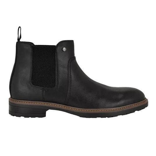 Black Chelsea boot with elastic side panels, a pull tab, and a rubber sole with brown stitching details.