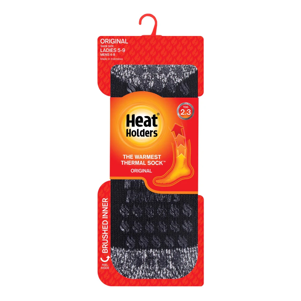 Heat Holders Original Thermal Socks for sizes Ladies 5-9 and Men's 4-8, rated TOG 2.3, featuring a brushed inner for warmth. Made in Indonesia.