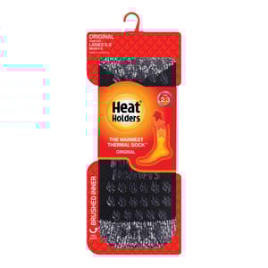 Heat Holders Original Thermal Socks for sizes Ladies 5-9 and Men's 4-8, rated TOG 2.3, featuring a brushed inner for warmth. Made in Indonesia.