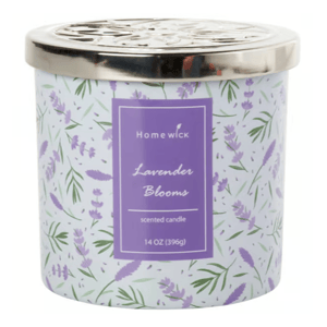 Homewick scented candle labeled \“Lavender Blooms,\“ 14 oz (396g), with a floral lavender design and a metallic lid.