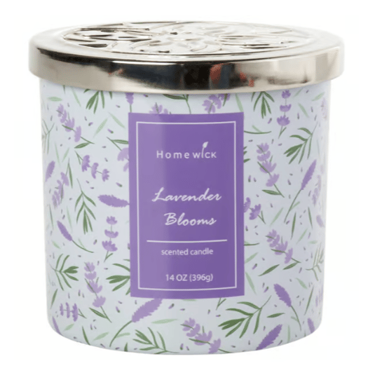 Homewick scented candle labeled \“Lavender Blooms,\“ 14 oz (396g), with a floral lavender design and a metallic lid.