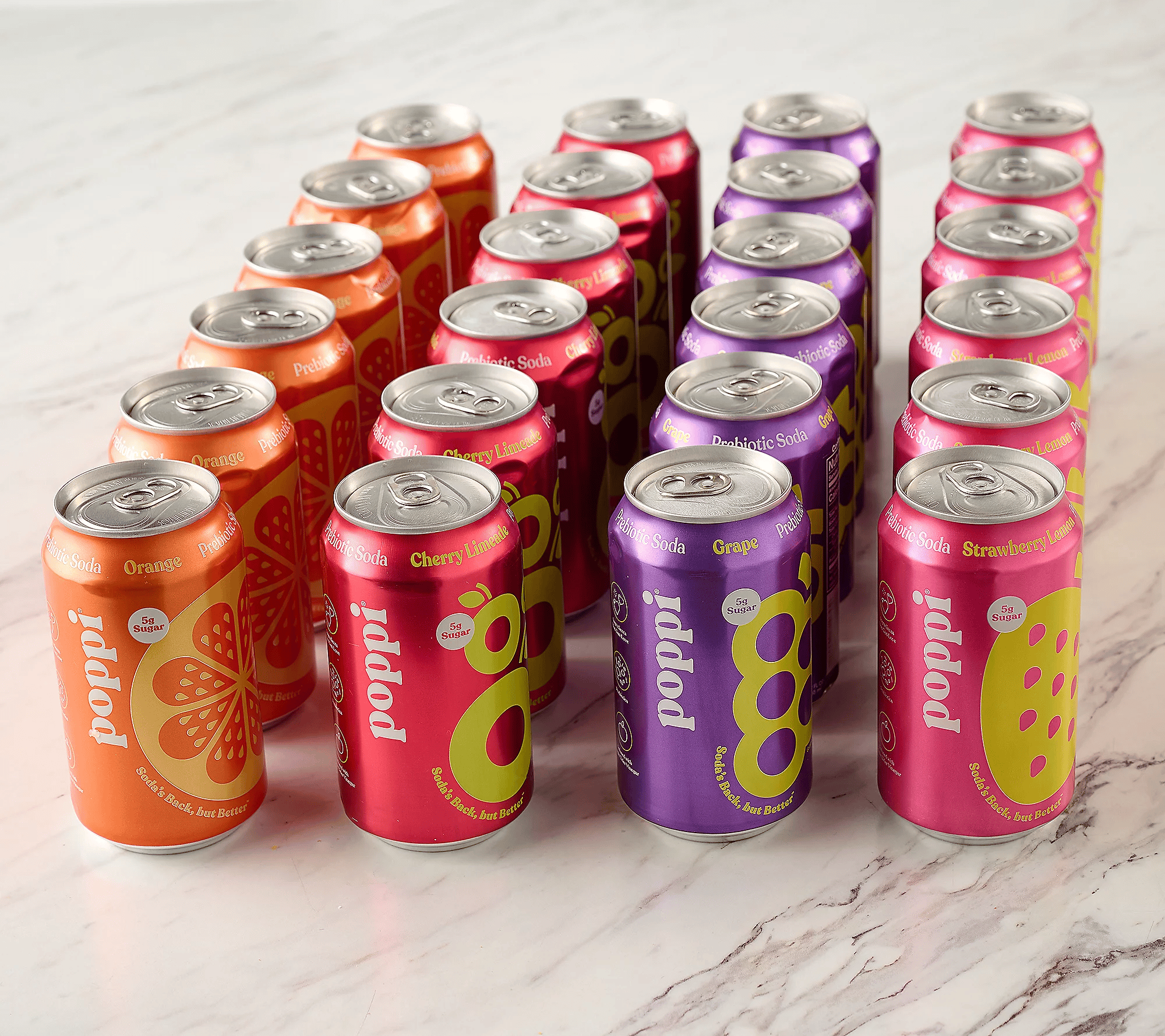 Cans of \“poppi\“ prebiotic soda with flavors: Orange, Cherry Limeade, Grape, and Strawberry Lemonade, each containing 5g of sugar.