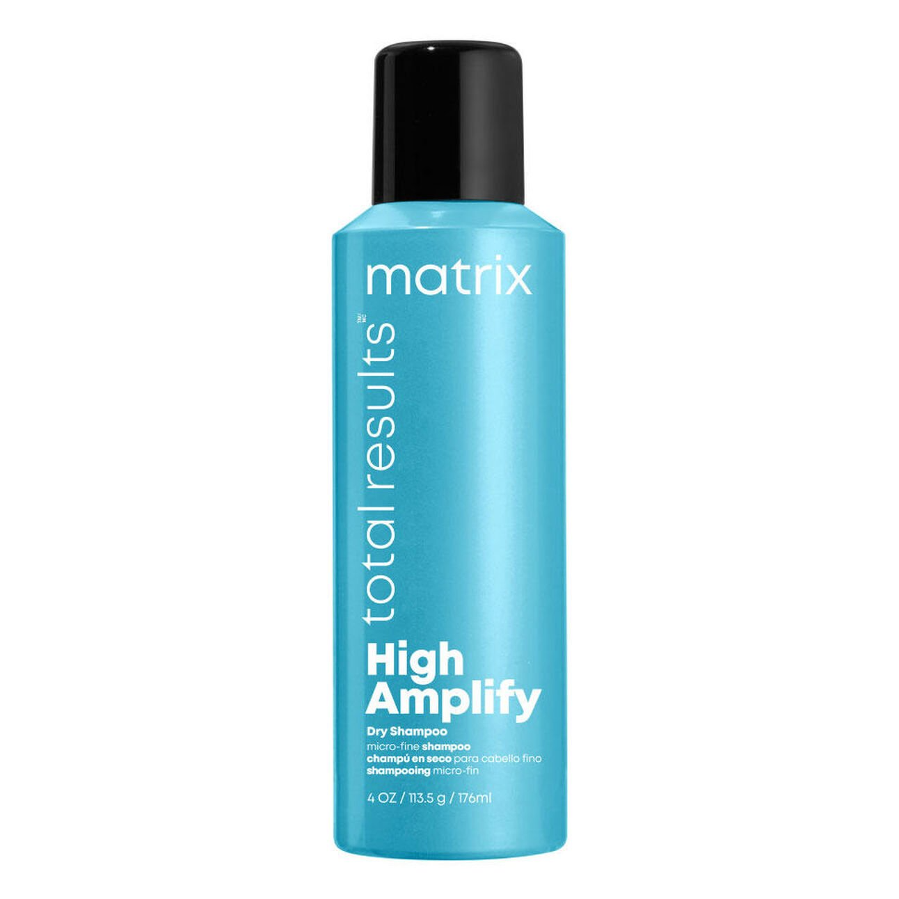 Matrix Total Results High Amplify Dry Shampoo is a micro-fine shampoo designed for fine hair, presented in a light blue 4 oz (113.5 g/176 ml) bottle.