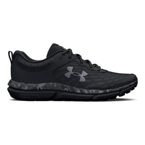 Black Under Armour running shoe with a camouflage pattern on the sole.