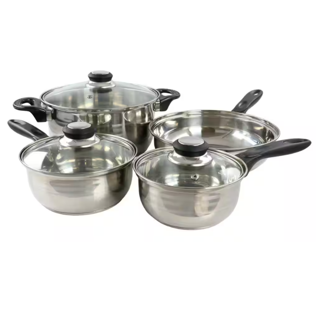 A stainless steel cookware set includes three pots with glass lids and a frying pan, all with black handles.