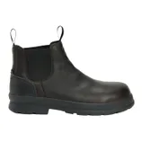 A dark brown leather Chelsea boot with elastic side panels and pull tabs, featuring a sturdy rubber sole.
