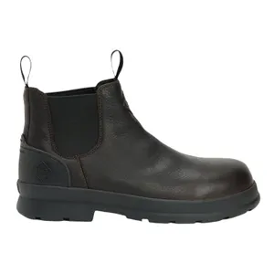 A dark brown leather Chelsea boot with elastic side panels and pull tabs, featuring a sturdy rubber sole.