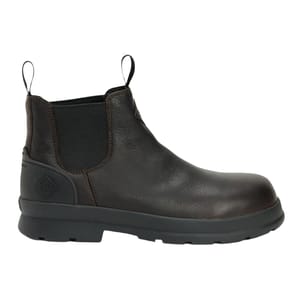 A dark brown leather Chelsea boot with elastic side panels and pull tabs, featuring a sturdy rubber sole.