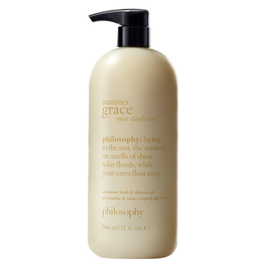 Philosophy's \“Summer Grace Solar Daydream\“ is a shampoo, bath, and shower gel with a scent of sheer solar florals, offered in a 946 ml (32 fl. oz.) bottle.