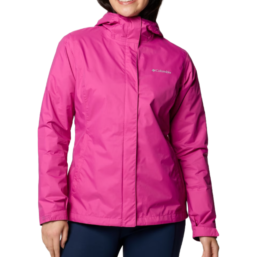A pink Columbia waterproof jacket with a hood, featuring a front zip and velcro closure.