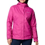 A pink Columbia waterproof jacket with a hood, featuring a front zip and velcro closure.