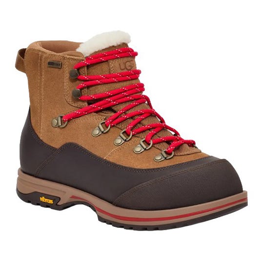 A brown-and-black hiking boot with red laces, featuring a Vibram sole and made with waterproof material.