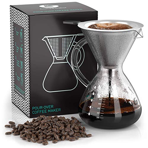 This is a pour-over coffee maker with a mesh metal filter set atop a glass carafe, alongside coffee beans and packaged in a black box with a white and green design.