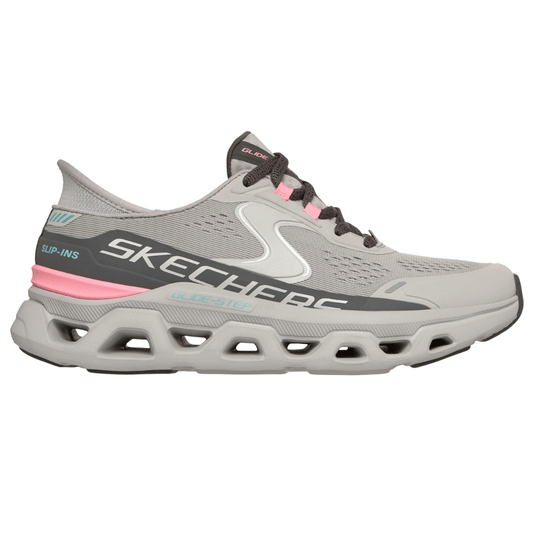 Skechers Slip-Ins shoe featuring a Glide-Step design, with a gray and pink color scheme, and perforated sole for added comfort.