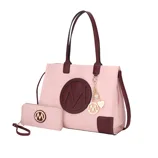 A pink and burgundy handbag with a matching wallet, both featuring a circular emblem with the letter \“M.\“ The handbag has long handles and a gold charm keychain with two heart-shaped accessories.