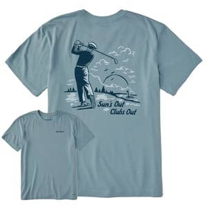 Light blue T-shirt with a back design of a golfer swinging, a sun setting, and the words \“Sun's Out Clubs Out.\“ The front has a small \“Life is Good\“ text on the chest.