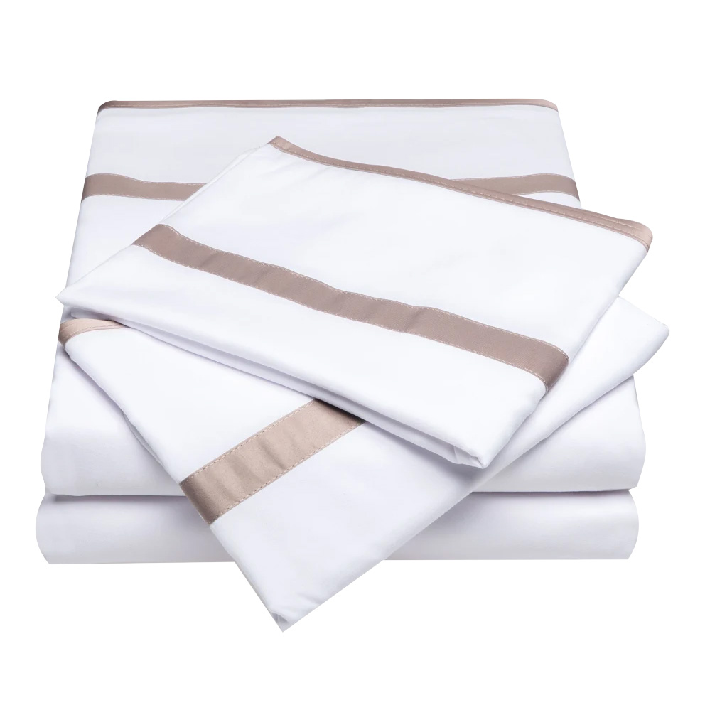 A 4-piece Italian luxury sheet set featuring white sheets with elegant taupe stripe accents.