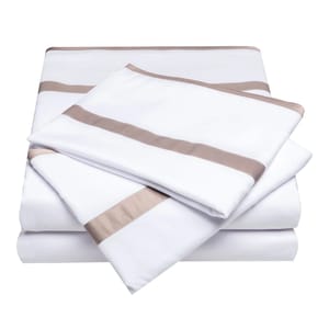 A 4-piece Italian luxury sheet set featuring white sheets with elegant taupe stripe accents.