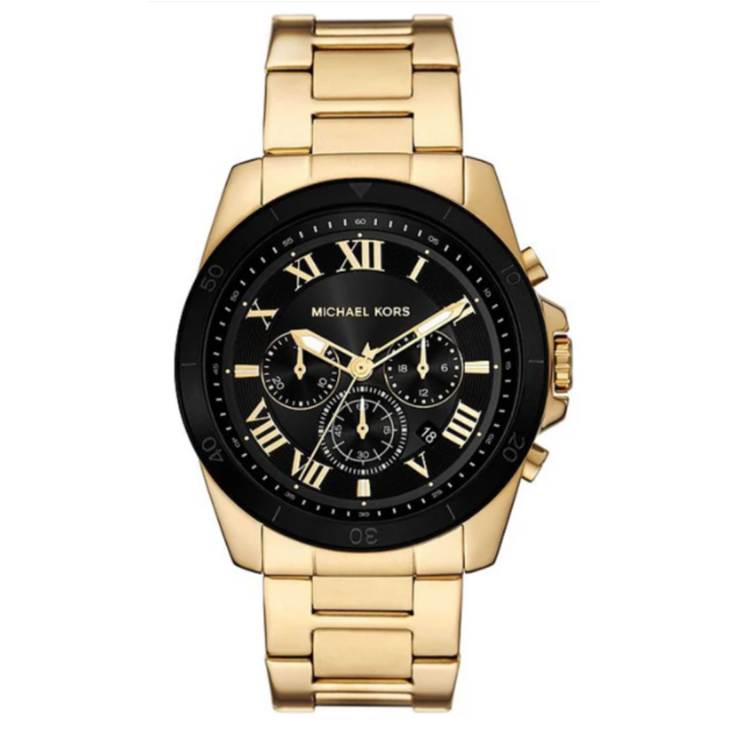Gold Michael Kors wristwatch with a black face, featuring Roman numerals and three subdials.