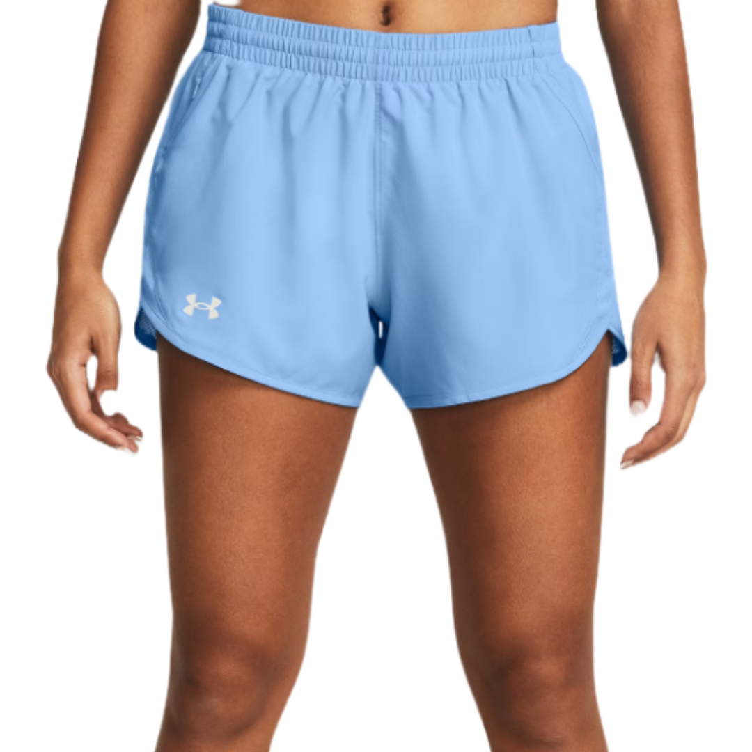 Light blue athletic shorts with an elastic waistband and the Under Armour logo on the front left hem.