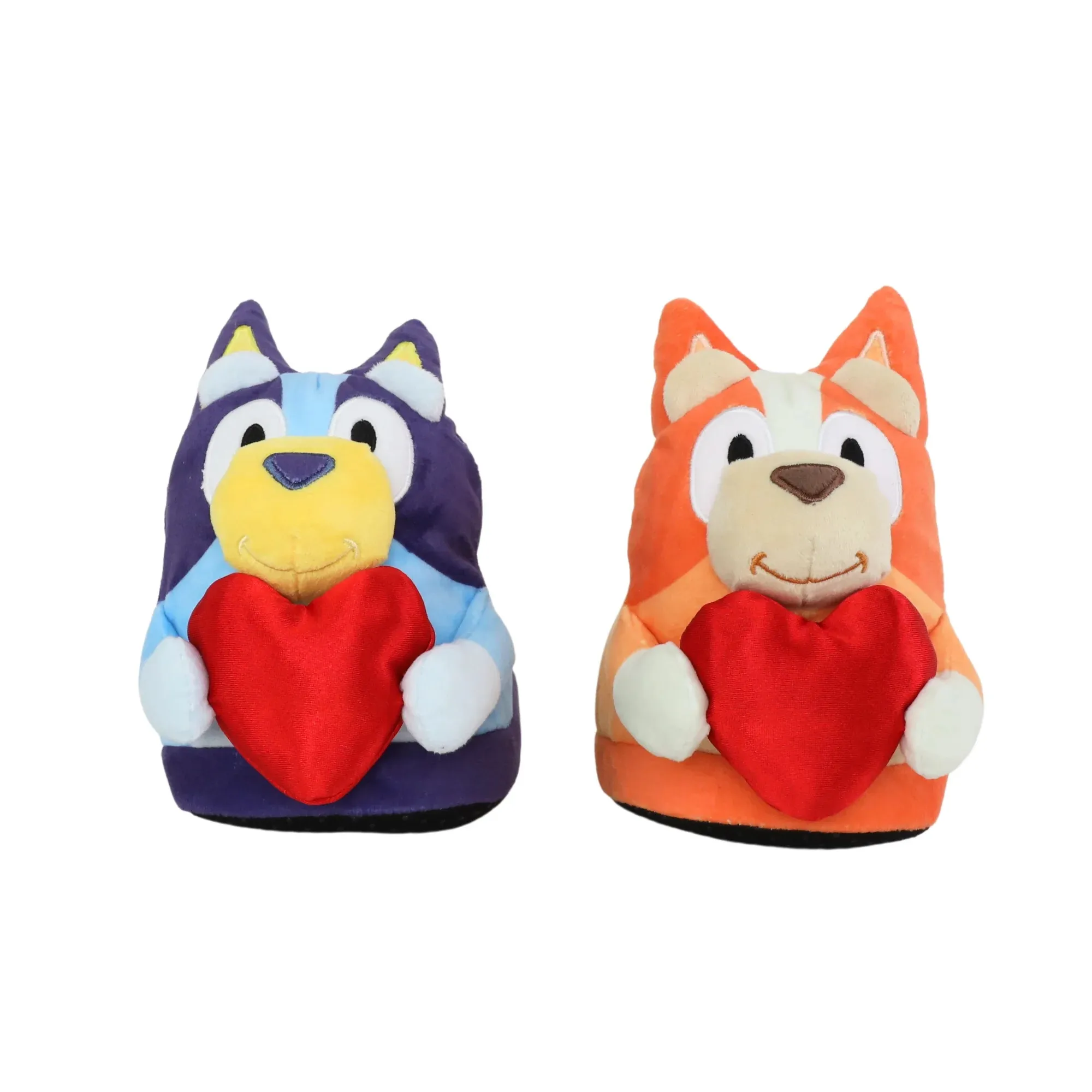 Character slippers featuring two cartoon dog characters holding red hearts, one blue and the other orange. They're plush and designed for comfort, great for showcasing fandom.