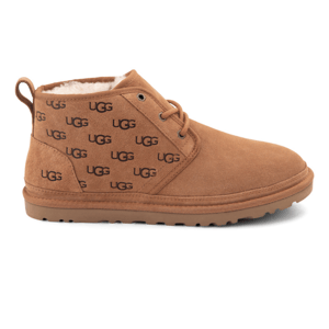 UGG Men's Emboss Chukka Boots feature a light brown suede exterior with the \“UGG\“ logo pattern, lace-up design, and a plush interior lining for warmth.