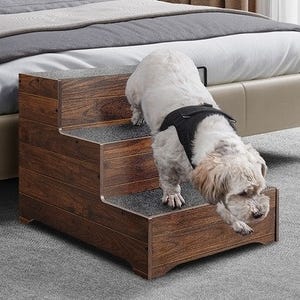 A three-step wooden pet stair with carpeted treads for traction, designed to help pets reach elevated areas.