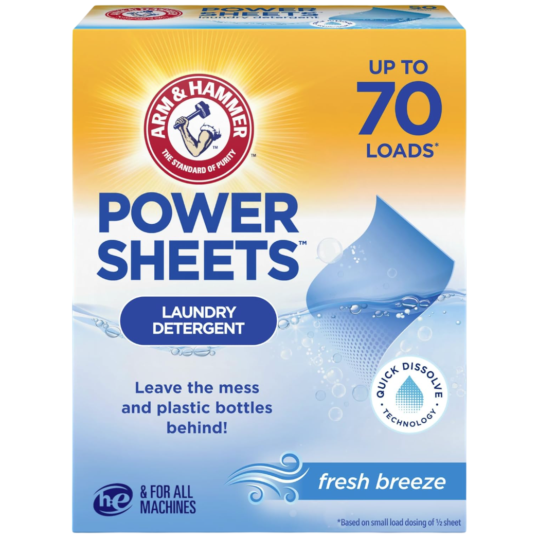 Arm & Hammer Power Sheets Laundry Detergent offers up to 70 loads and features Quick Dissolve technology. Suitable for all machines, it promotes reducing plastic bottle use and has a fresh breeze scent.
