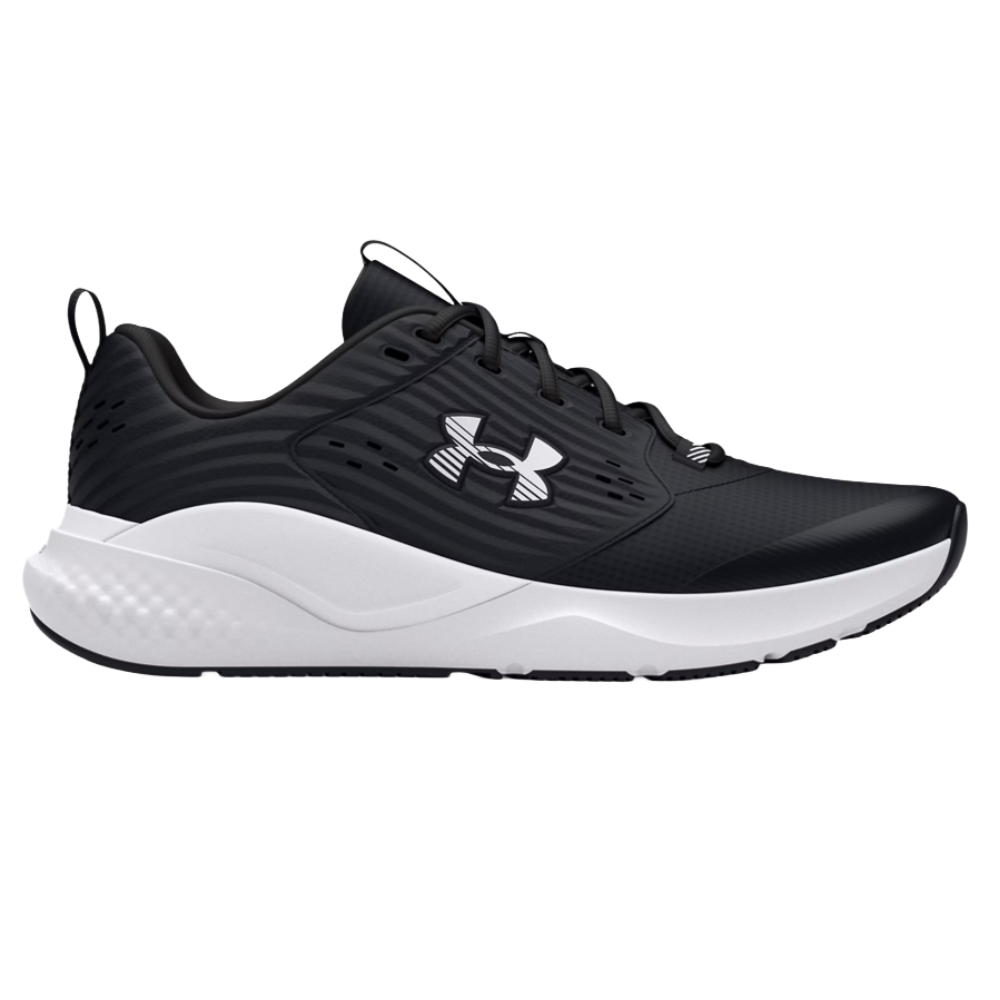 Black and white athletic shoe with a logo on the side, featuring a mesh upper, lace-up closure, and a thick white sole designed for comfort and support.